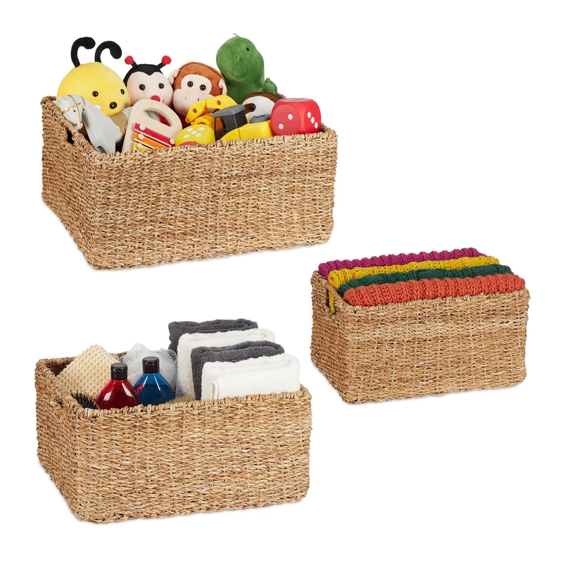 Relaxdays Box, Seagrass, Set of 3, 3, Bathroom & Nursery Storage, Rectangular Baskets, Natural, Plant fibre, Various sizes