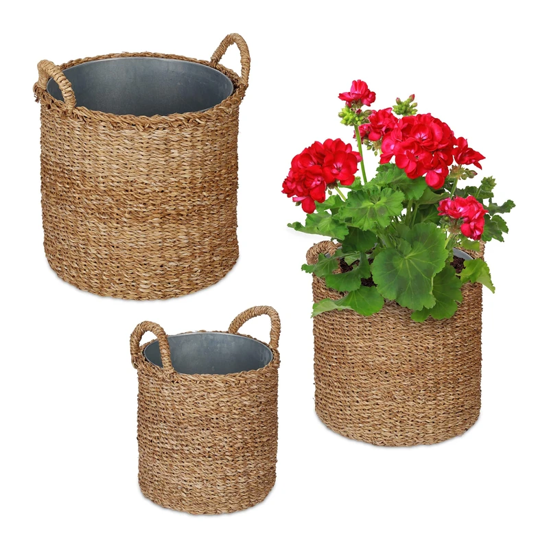 Relaxdays Planter Basket with Zink Set of 3, Various Sizes, Seagrass Container, Garden & Balcony, Round Tub, Natural, Plant fibre, 42 x 37 cm