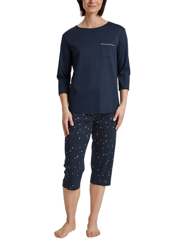 CALIDA Sweet Dreams Women's 3/4 Pyjamas 100% Cotton Trousers with Fabric Covered Elastic Waistband, Peacoat Blue, 40-42