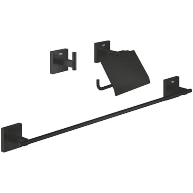 Grohe Start Cube QuickFix Glass Shelf with Matt Black Holders & A2 QuickGlue (Glass and Metal, Wall Mounted, Concealed Fastening, Including Screws and Dowels), Size 530 mm, 411092430