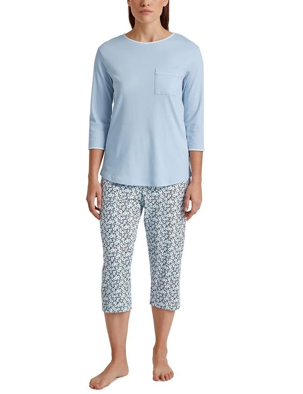CALIDA Sweet Dreams Women's 3/4 Pyjamas 100% Cotton Trousers with Fabric Covered Elastic Waistband, Arctic Ice, 36-38