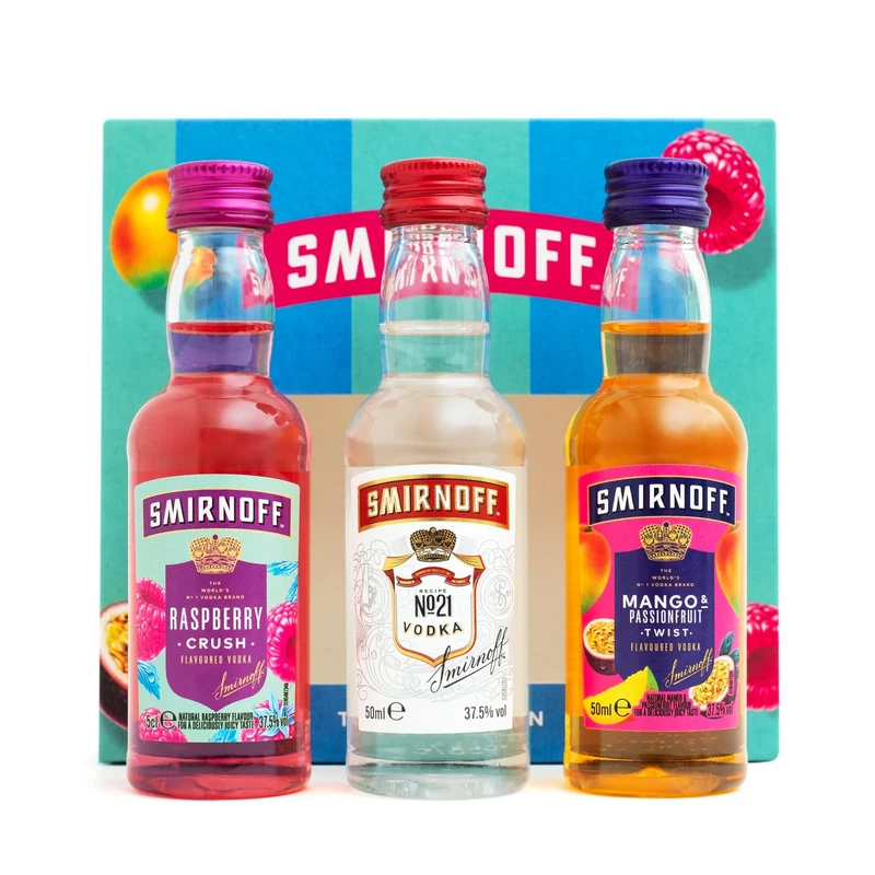 Smirnoff Flavoured Vodka Gift Set - Official Red Label No 21, Mango & Passionfruit, Raspberry Crush, 3x 5cl - Mini Cocktail Alcohol Gift Set, Birthday - Vodka Gifts for Women, Men, Valentines Day