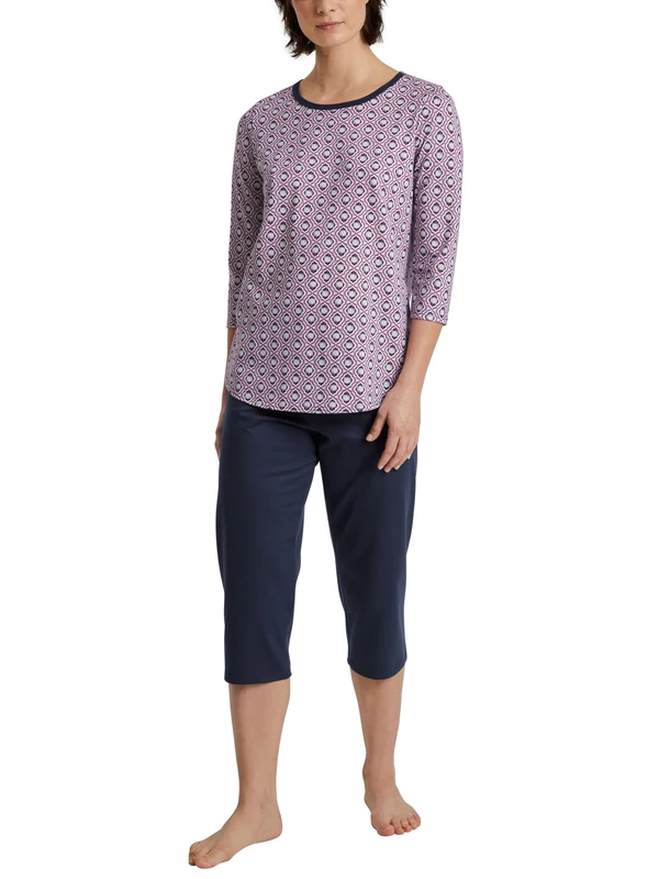CALIDA Lovely Nights Women's 3/4 Pyjamas 100% Organic Cotton with Fabric-Covered Elastic Waistband, Peacoat Blue, 40-42