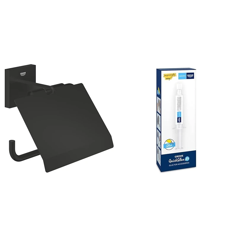 GROHE Start Cube QuickFix Toilet Roll Holder with Cover & A1 QuickGlue (Metal, Wall Mounted, Concealed Fastening, Including Screws and Dowels), Size 111 mm, Matt Black, 411022430