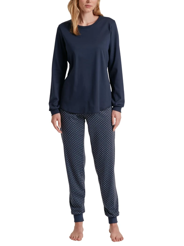 CALIDA Midnight Dreams Women's 100% Thick Cotton Cuffed Pyjamas, Peacoat Blue, 36-38