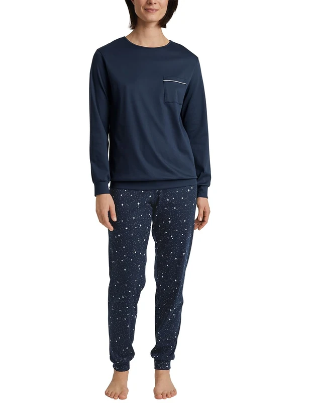 CALIDA Sweet Dreams Women's 100% Cotton Cuffed Pyjamas with Fabric Covered Elastic Waistband, Peacoat Blue, 52-54