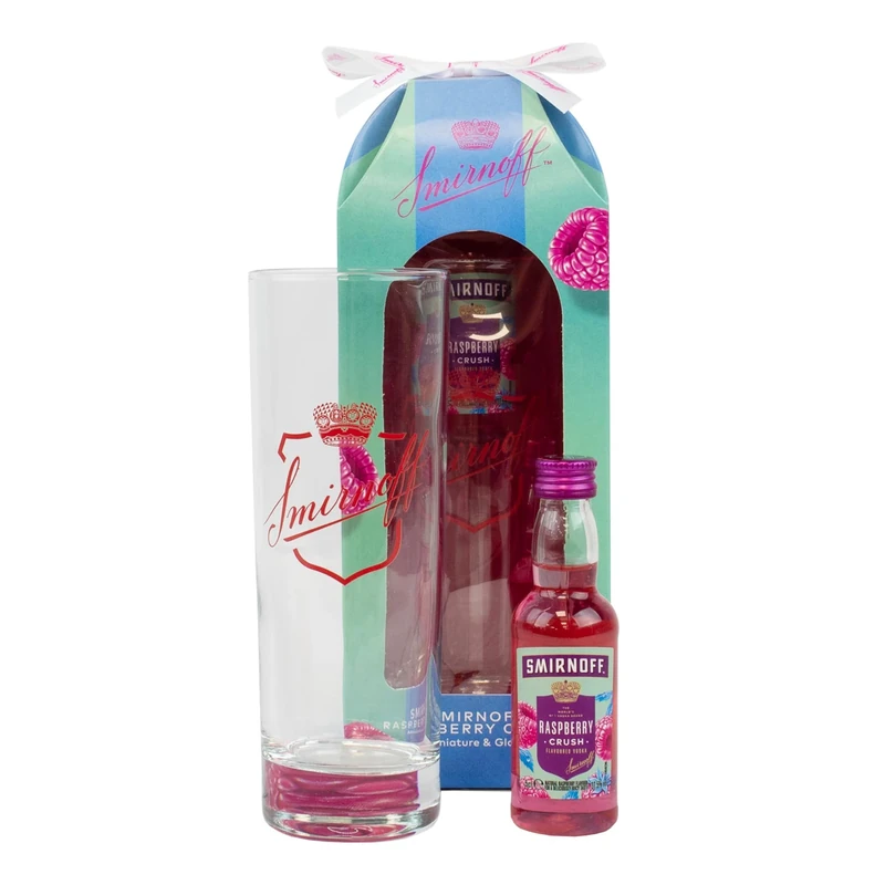Smirnoff Vodka Gift Set - Flavoured Miniature & Glass Set, Official Licensed 1x 5cl Smirnoff Raspberry Crush & Branded Hi-Ball Glass - Alcohol Vodka Gifts for Men, Women, Birthday, Valentines Day