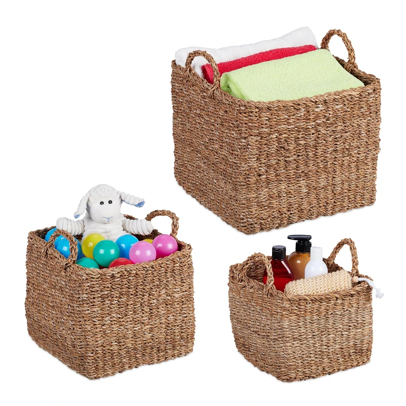 Relaxdays Box, Seagrass, Set of 3, 3 Sizes, Bathroom & Nursery Storage, Square Woven Baskets, Natural, Plant fibre, 30 x 35 x 35 cm - Image 1