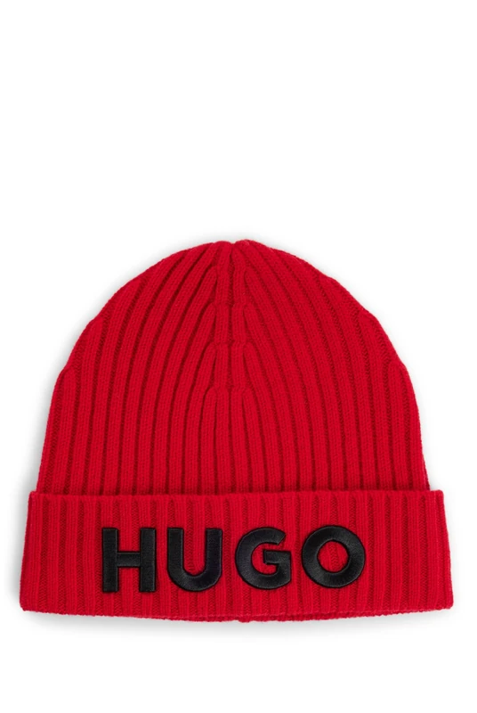 HUGO Mens Unisex-X565-7 Logo-Detail Beanie hat in Virgin Wool