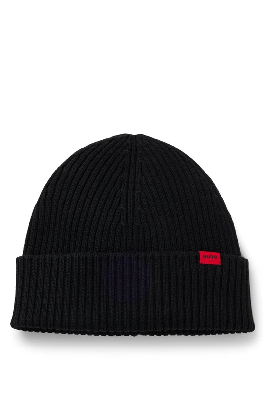 HUGO Virgin-Wool Beanie Hat with Logo Label Black