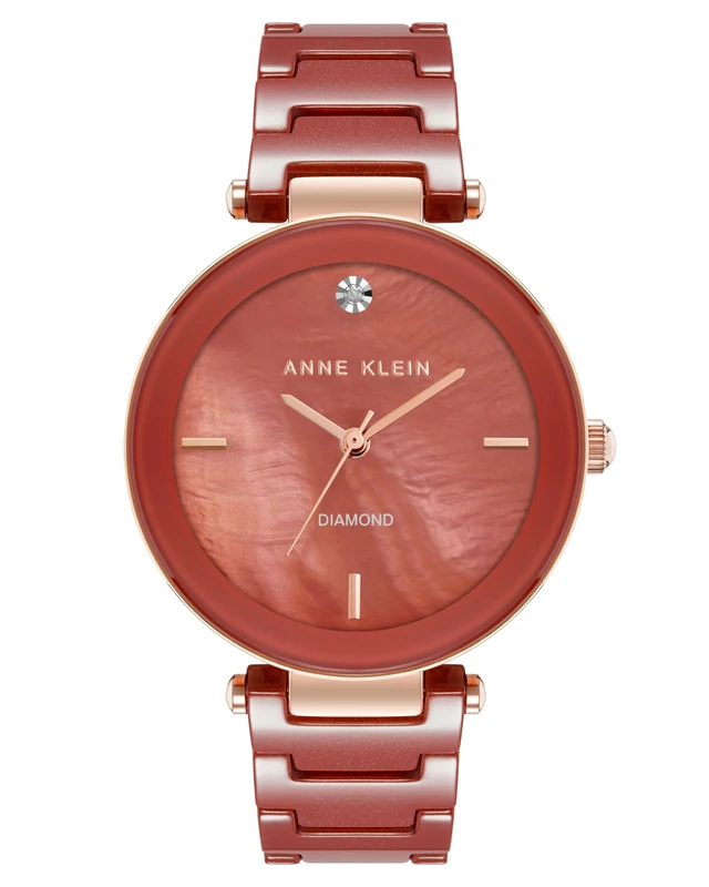 Anne Klein Women's Genuine Diamond Dial Ceramic Bracelet Watch,Red/Rose Gold