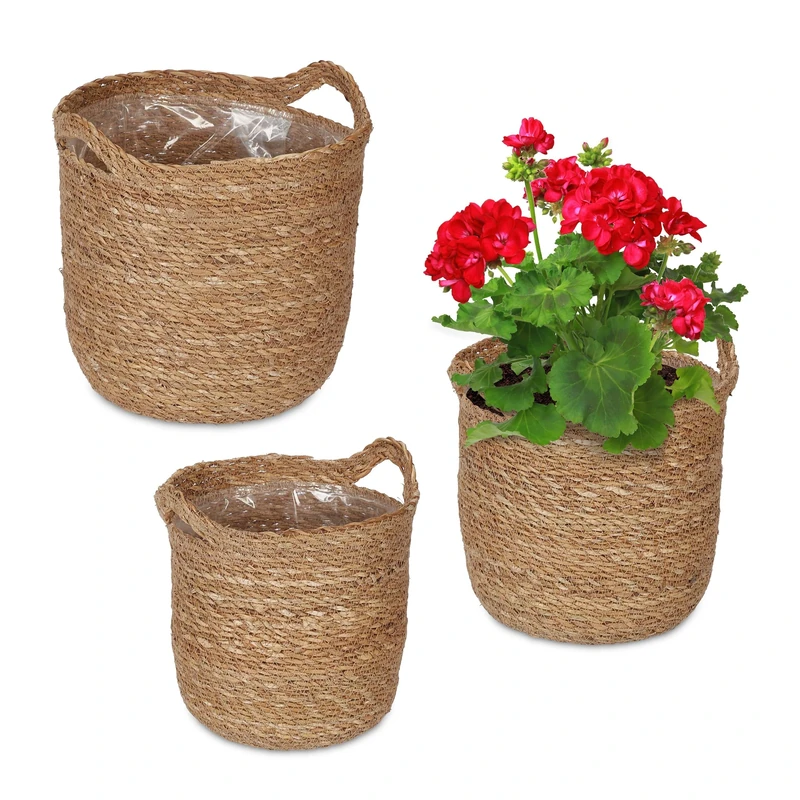 Relaxdays Set of 3 Flower Pot Seagrass in 3 Sizes, Plants & Herbs, Lined with Plastic Foil, Round, Natural, Fibre, 24.5 x 25.5 cm