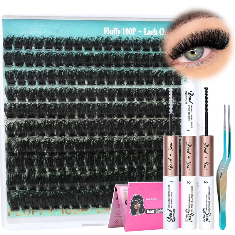 Cluster Lashes Kit Russian Individual Eyelashes DIY Eyelash Extension Kit Fluffy Lashes Cluster 100P D Curl Individual Lashes with Lash Glue Bond and Seal Lash Tweezers 10-18MM