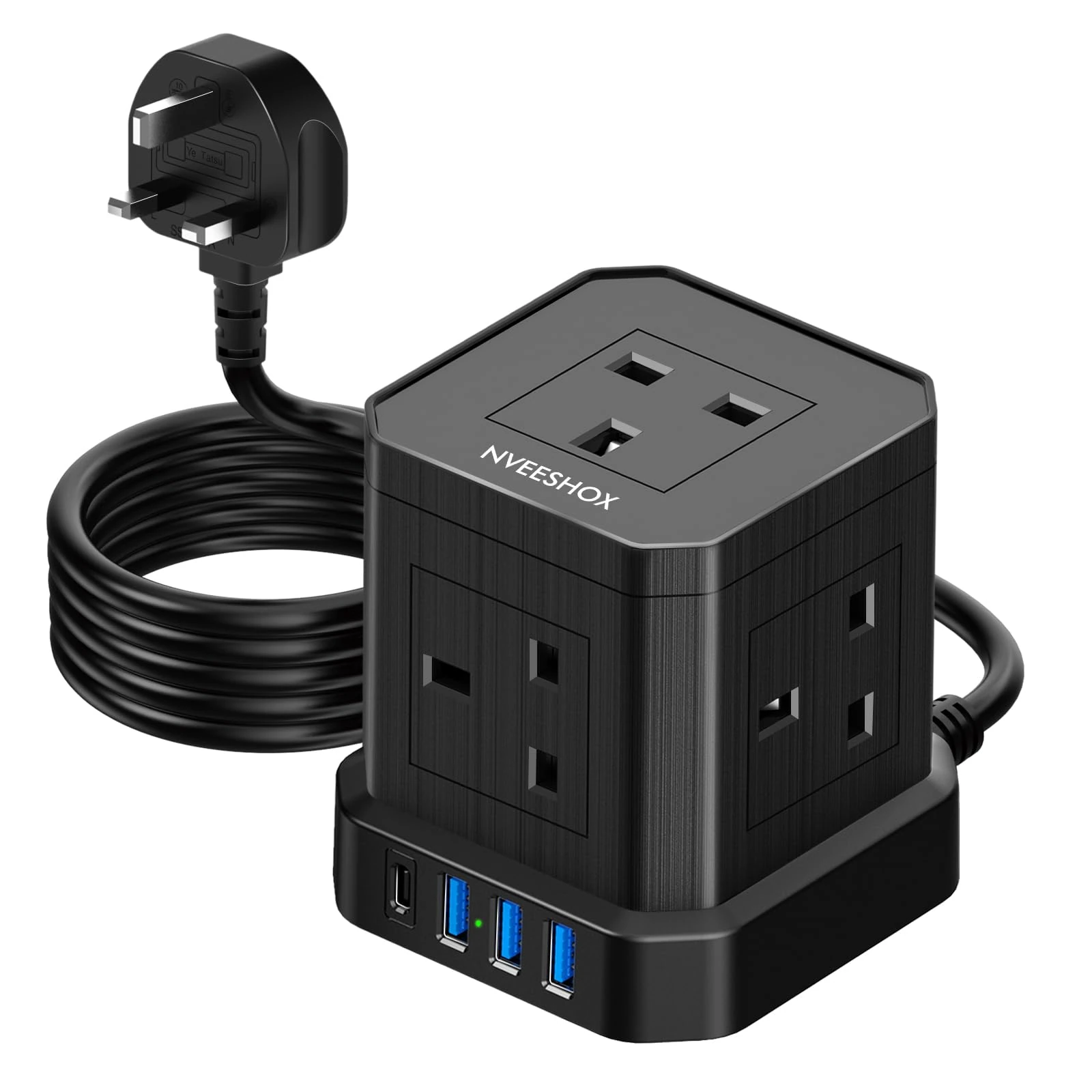 Cube Extension Lead with USB, NVEESHOX 5 Way Multi Plug Extension Cable with 3 USB A & 1 USB C (PD 20W), UK Power Strip Surge Protected Extension with Switch and 2M Cable Cord for Home, Travel, Office