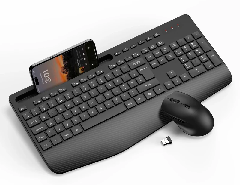 Wireless Keyboard and Mouse Combo, Full-Size Ergonomic Keyboard with Wrist Rest, Phone Holder, Sleep Mode, Silent 2.4GHz Cordless Set for Computer, Laptop, PC, Mac, Windows (Black)