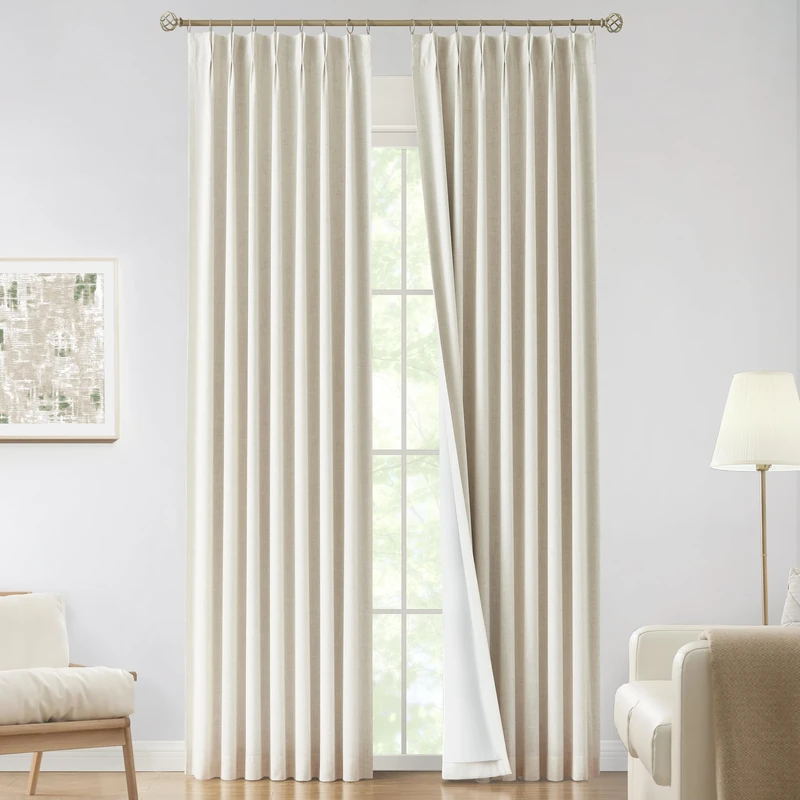 Vision Home Natural Pinch Pleated Full Blackout Curtains Linen Blended Room Darkening Window Curtains 120 inch for Living Room Bedroom Thermal Insulated Pinch Pleat Drapes with Hooks 10ft 40"Wx120"Lx2