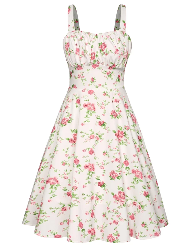 Belle Poque Women's Vintage Sleeveless Solid Floral Ruched Summer Cute A-Line Flowy Swing Midi Dress, White-Pink Floral, L