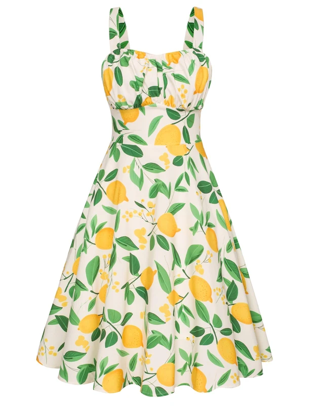 Belle Poque Women's Vintage Sleeveless Solid Floral Ruched Summer Cute A-Line Flowy Swing Midi Dress, Lemon Floral, XL - Image 1