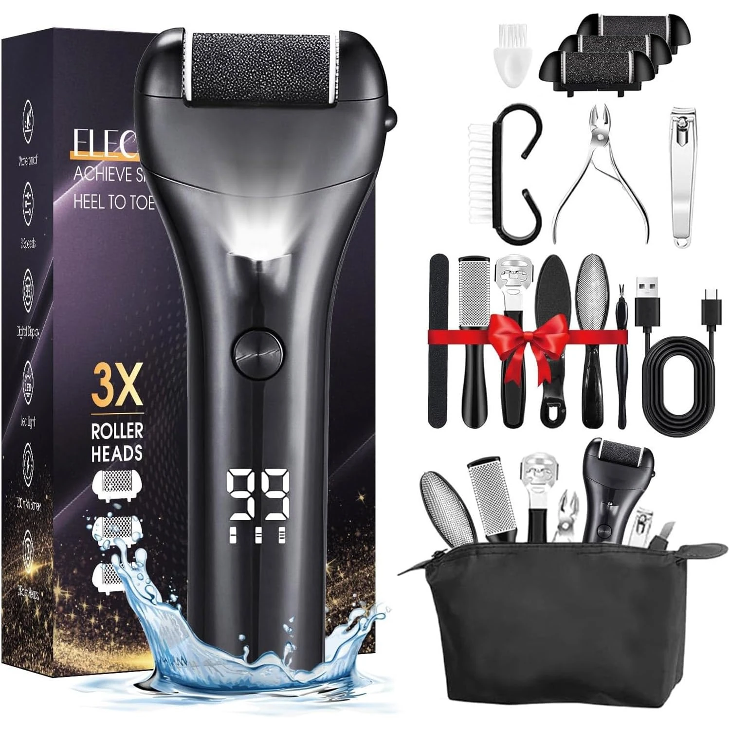 15 in 1 Electric Foot File for Hard Skin, Rechargeable Foot Callus Remover with 3 Roller Heads, LED Display & 3 Speed, Foot Care Kit with Storage Bag for Dry Dead Skin Cracked Heels Calluses