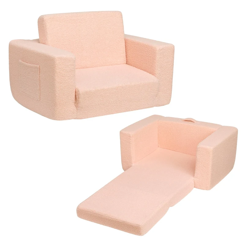 BEJOY Kids Sofa Bed 2-in-1 Fold Out Bed Cuddly Teddy Fur Toddler Couch Convertible Sofa to Lounger Toddler Armchair Kids Chair Children's Day and Birthday Gift for Girls Boys, Misty Rose