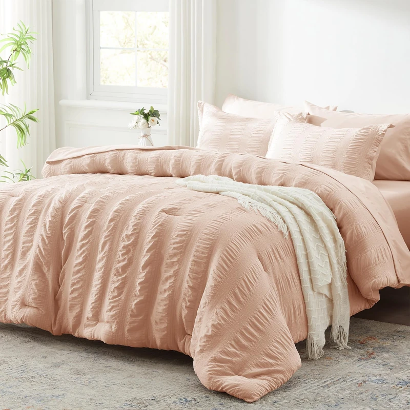 Zzlpp King Comforter Set 7 Pieces, Pink Seersucker Bed in a Bag with Comforter and Sheets, All Season Bedding Sets with 1 Comforter, 2 Pillow Shams, 2 Pillowcases, 1 Flat Sheet