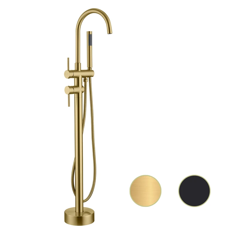 Freestanding Tub Faucet Floor Mount Tub Fillers, Senhozi Brushed Gold Free Standing Tub Faucets, Mixer Tap Two Handle Gold Freestanding Bathtub Faucet with Hand Shower, SE-3001-BG