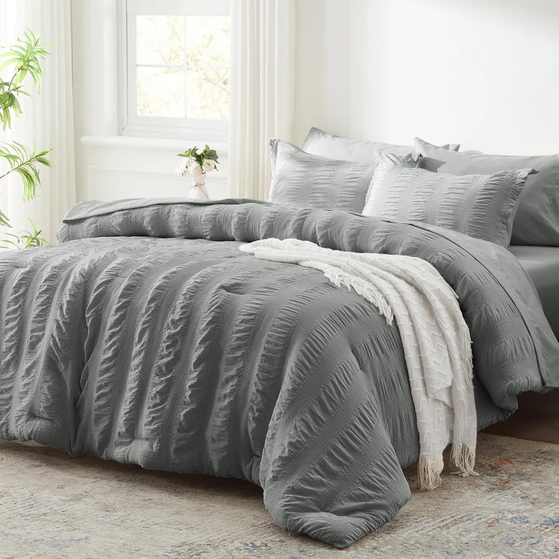 Zzlpp Full Comforter Set 7 Pieces, Grey Seersucker Bedroom Bed in a Bag with Comforter and Sheets, All Season Bedding Sets with 1 Comforter, 2 Pillow Shams, 2 Pillowcases, 1 Flat Sheet, 1 Fitted Sheet