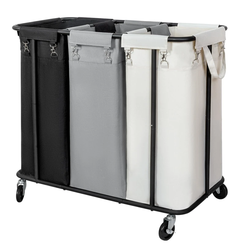 WOWLIVE Laundry Hamper with Wheels 260L Rolling Laundry Basket 3 Section Organizer Laundry Cart with Steel Frame and Removable Bags Large Dirty Clothes Hamper Dorm Room Storage for Bedroom