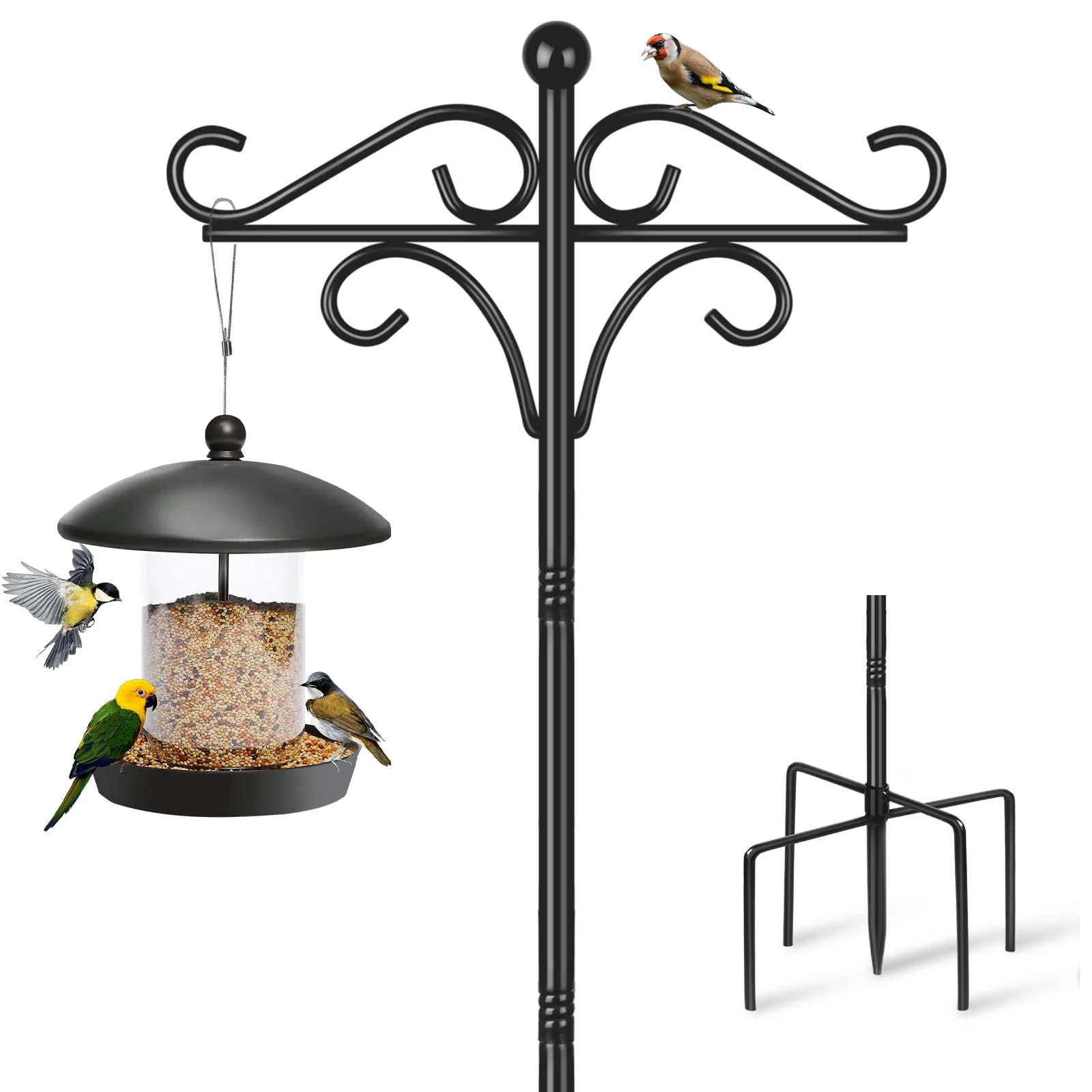 Bird Feeder Pole Stand, 195cm Approx.2m Adjustable Feeding Station Hanging with 2 Hook, Heavy Duty Freestanding Double Shepherd Crook for Outdoor Garden Light Lantern Plant Metal Hanger, Black