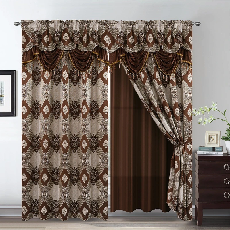 Petrichor Elegant Curtains with Gold Silver Threads 2 Panels Set - Luxury Window Treatment Attached Valance, Sheer Backing, and 2 Tie Backs for Bedroom and Living Room, 54x95 inches, Coffee