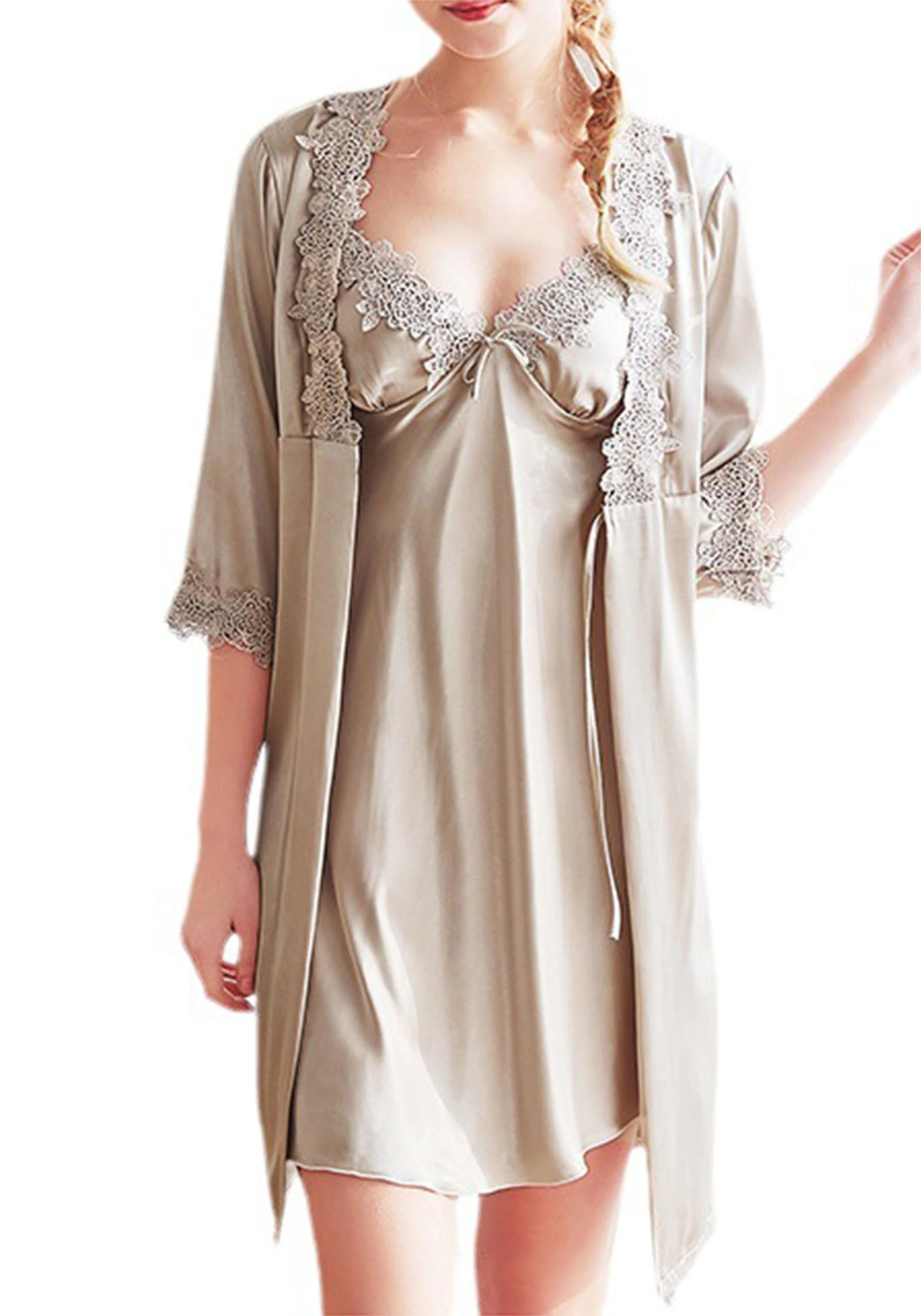 BUULOO Sleepwear Women's V Neck Nightgown with Robes Set 2 Piece Sexy Lace Cami Nightwear,camel,XL