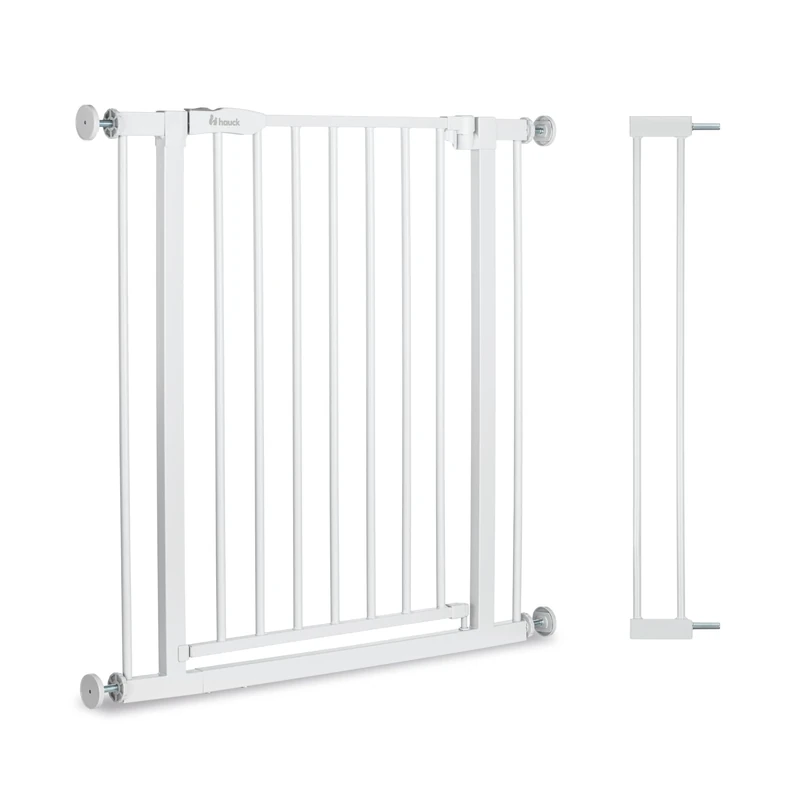 hauck Open N Stop 2 Set with 9cm Extension, White - Pressure Fit Baby Gate 84-89 cm for Doors and Stairs, Closes Manually, Opens to Both Sides with One Hand, Metal, Mounting Accessories Included