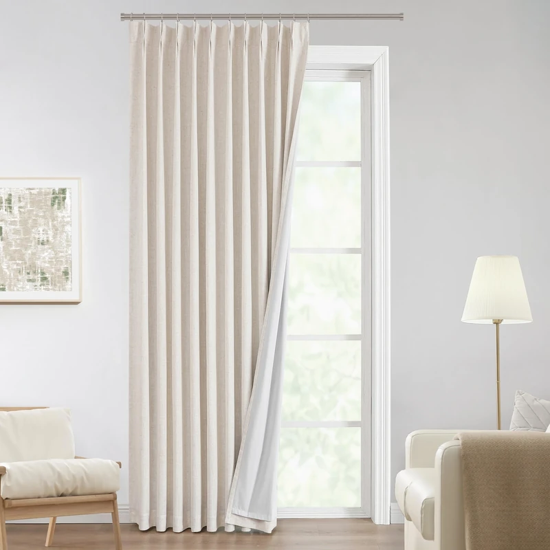 Vision Home Natural Pinch Pleated Full Blackout Curtains Linen Blended Room Darkening Window Curtains 120 inch for Living Room Bedroom Thermal Insulated Pinch Pleat Drapes with Hooks 60" Wx120 Lx1