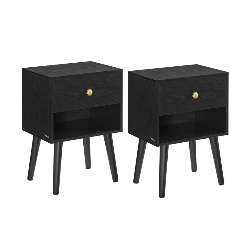VASAGLE Bedside Tables, Set of 2, Side Table with Storage Drawer and Open Shelf, Solid Wood Legs, End Table for Living Room, for Bedroom, Sofa, Ebony Black LET855B56