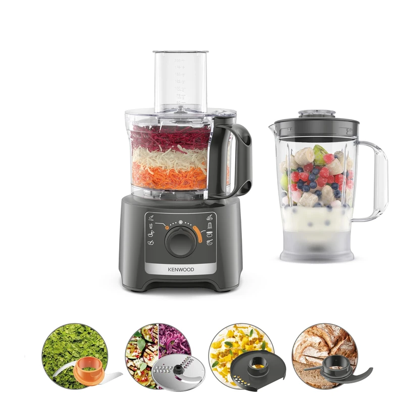 Kenwood MultiPro Compact FDP31.170GY, Food Processor with Blending Blade, Kneading Function, and Slicing Disc, 1.2L Blender, 2 Speeds + Pulse, 2.1L Bowl, 800W, Grey