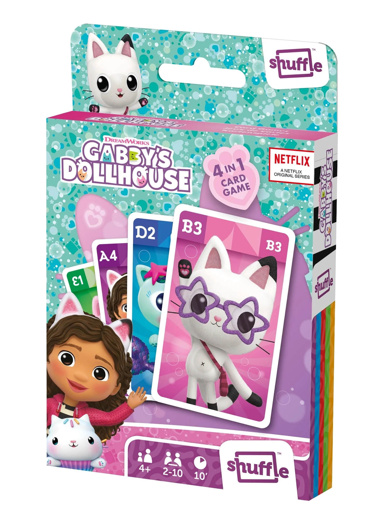 Shuffle Gabby's Dollhouse 4 in 1 Card Games for Kids - Snap, Pairs, Happy Families & Action Game, Game Guide Included, Ages 4+ Multicolour