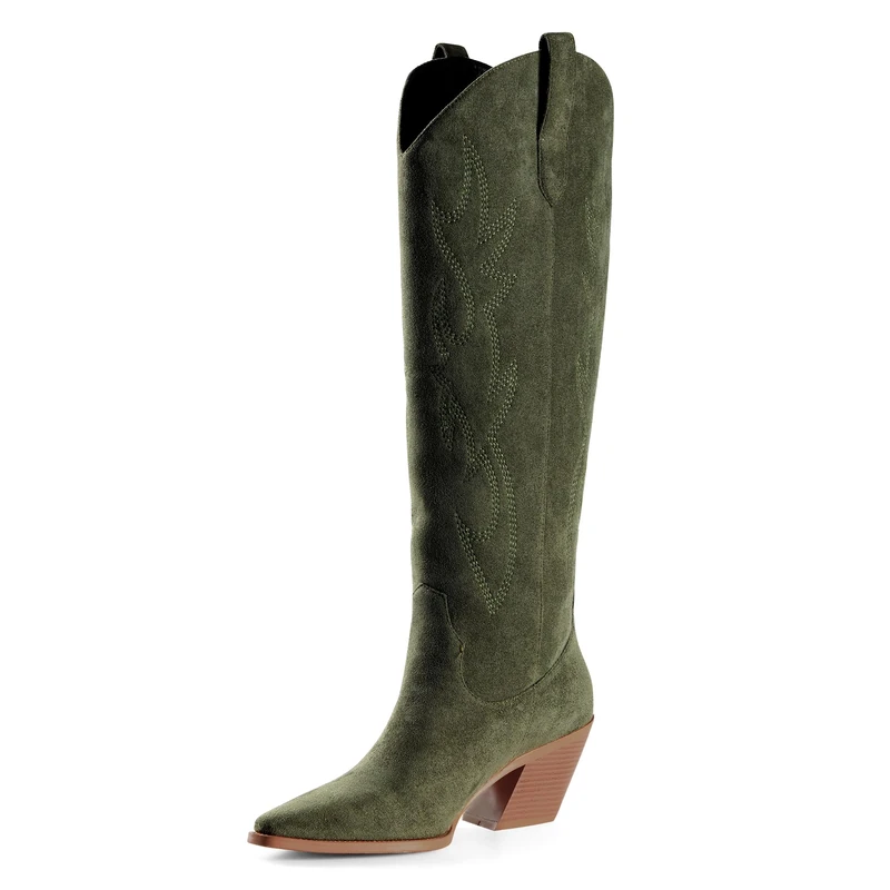 iiimmu Cowgirl Boots Women Knee High Boots Pointed Toe and Block Heel Ankle Boots Cowboy Suede Boots with Embroidered, Green, 7 UK