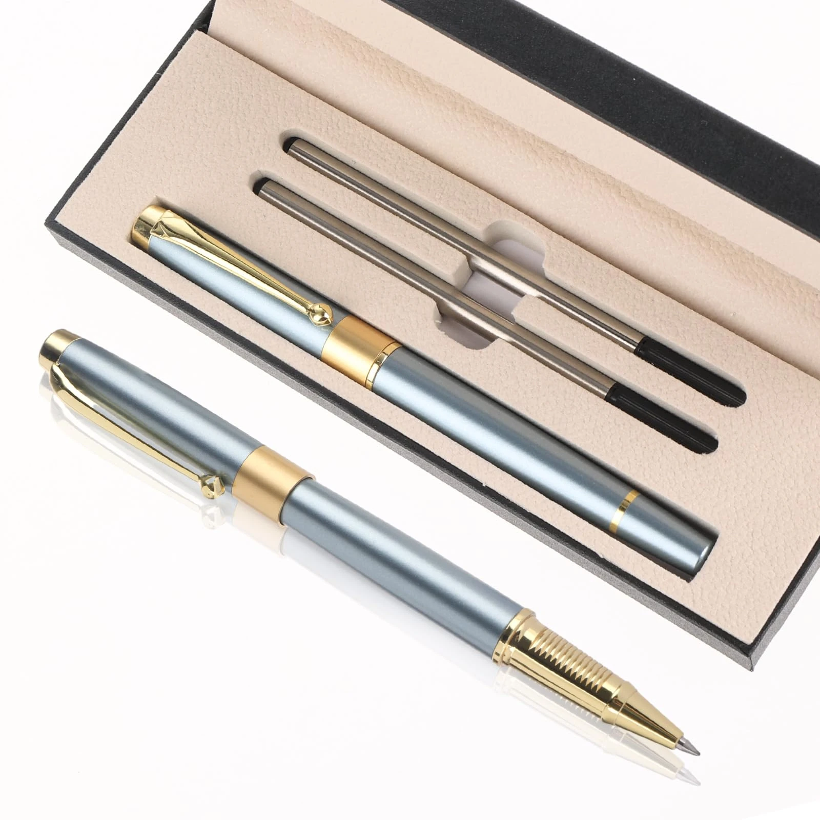 TIESOME Luxury Metal Ballpoint Pen Set, 0.5mm Business Rollerball Pens Black Ink Fine Point Pen with 2 Refills Fancy Pen Golden Trim Ball Pen with Gift Boxed for Colleagues Family(Blue)