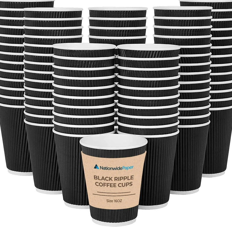 Nationwide Paper 16oz Ripple Coffee Cups Without Lids, Insulated Paper Disposable Coffee Cup, Triple Walled Black Ripple Coffee Cups - 500 Pcs