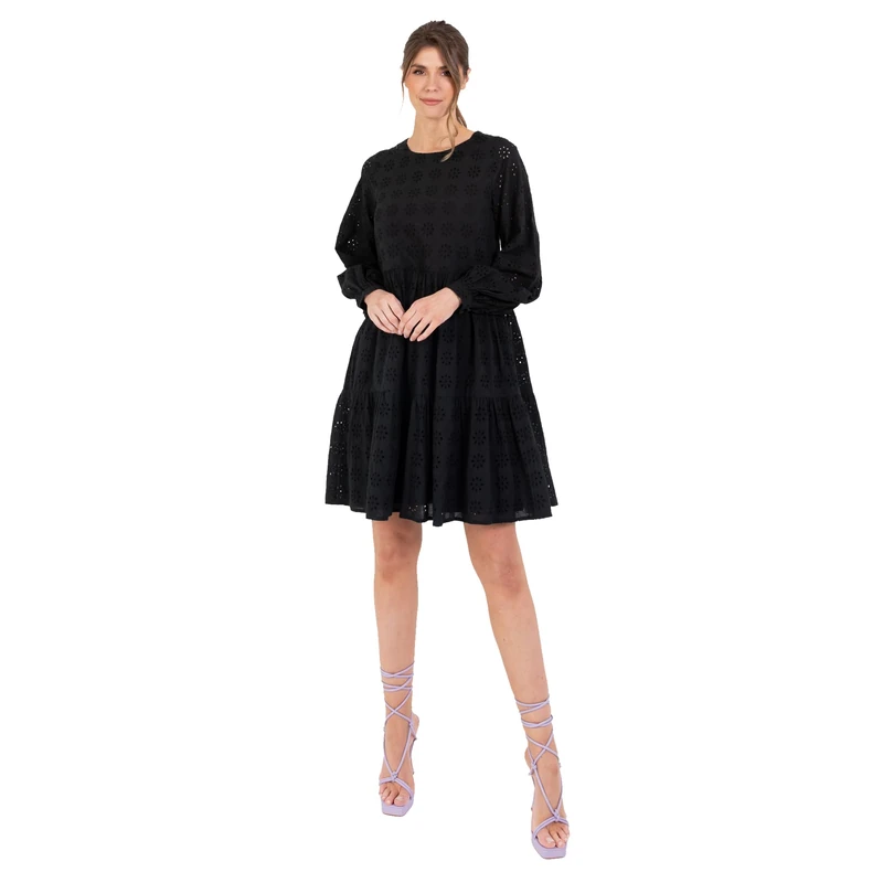 Lovedrobe Women's Smock Dress Knee-Length Round Neck Long Puff Sleeve Broderie Anglaise Smock Shift Cotton Casual Black 48, Black, 22