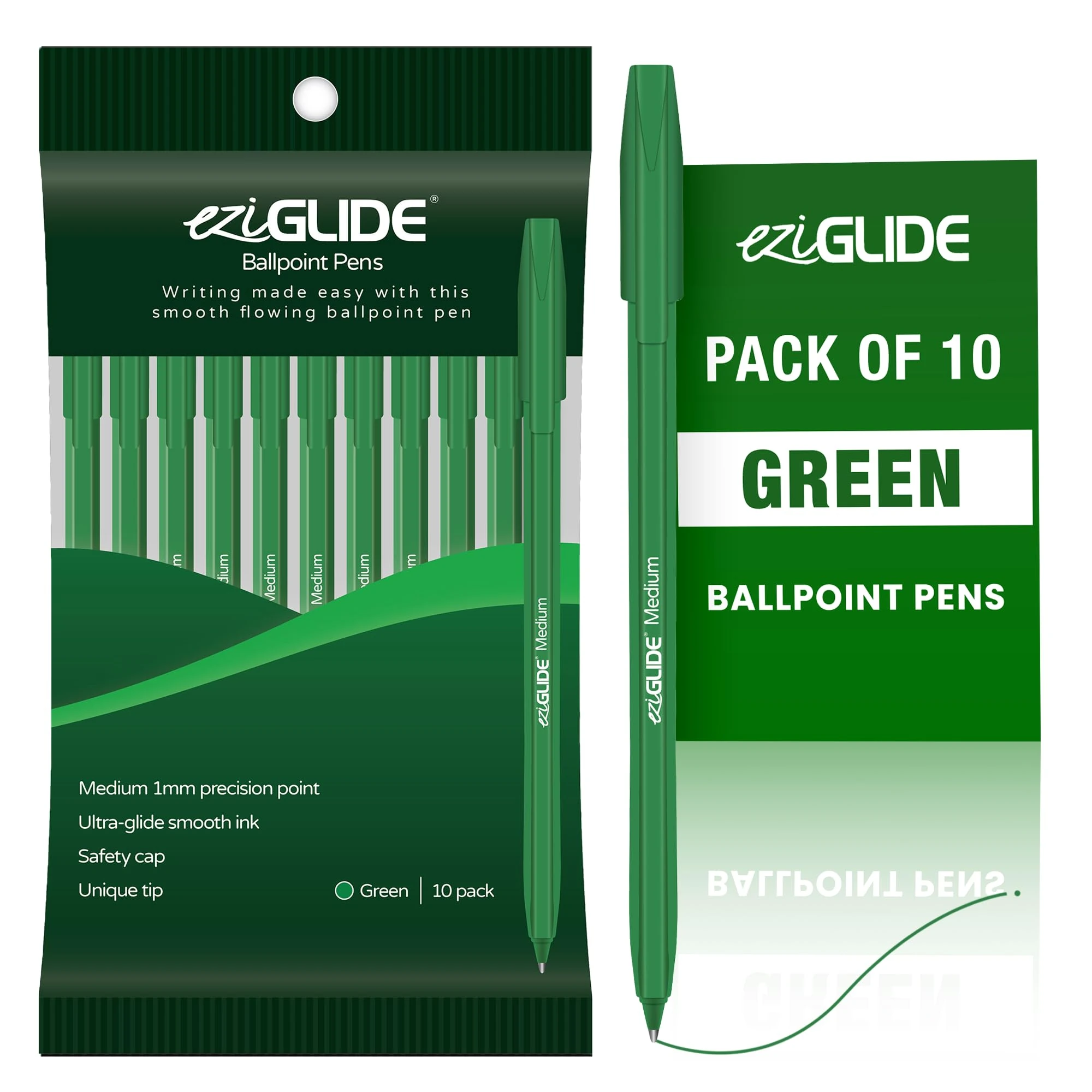Eziglide 10-Pack Ballpoint Pen Set, Green - Smooth Writing Action-Medium Point 1.0mm Multipack - Ball Point Pens Ideal Pens for School, Home or Work Stationery Supplies