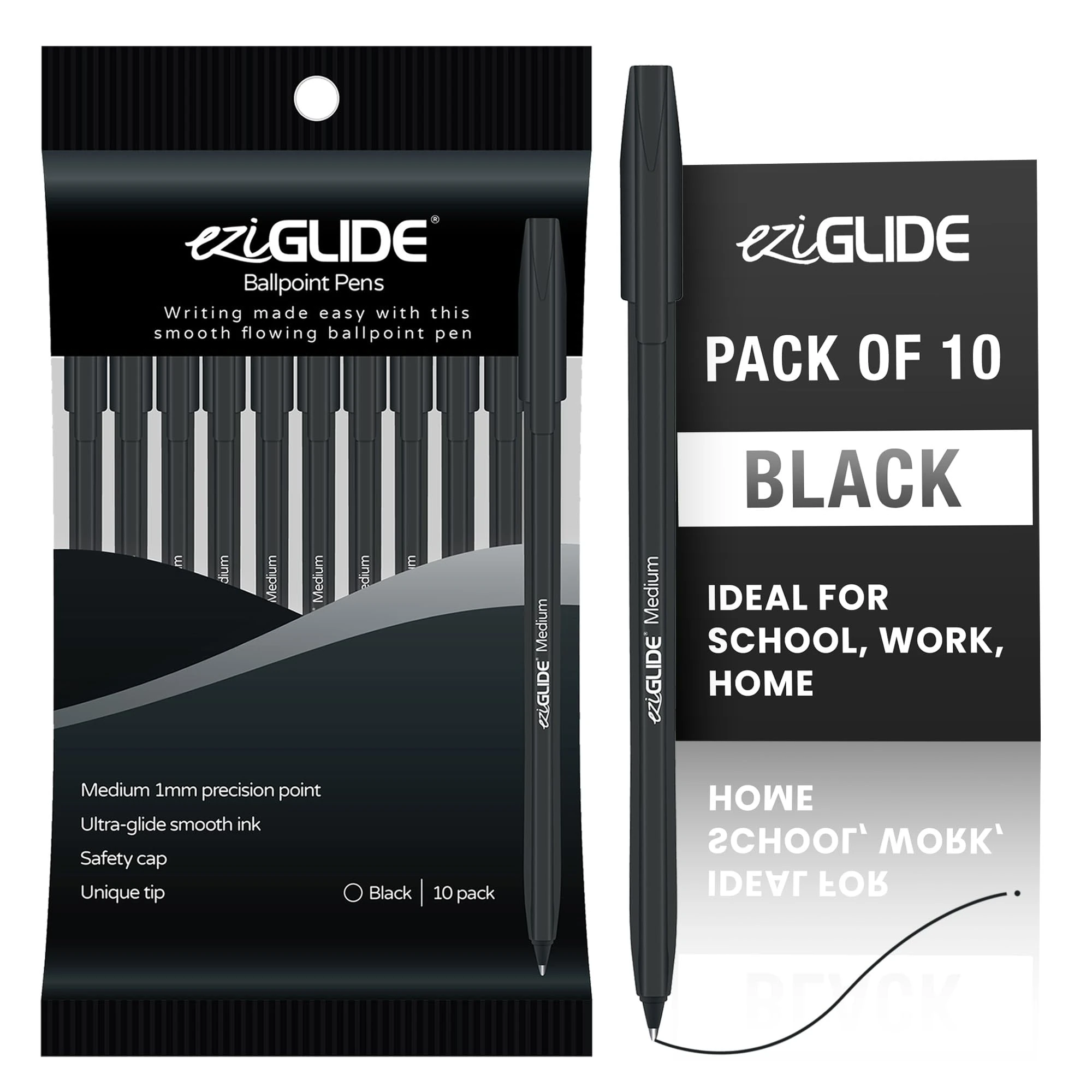 Eziglide 10-Pack Ballpoint Pen Set, Black – Medium Point (1.0mm) for Effortless Writing & Comfortable Grip – Ideal for Adults, Teachers, Home, Office, Exams, School, & Everyday Use