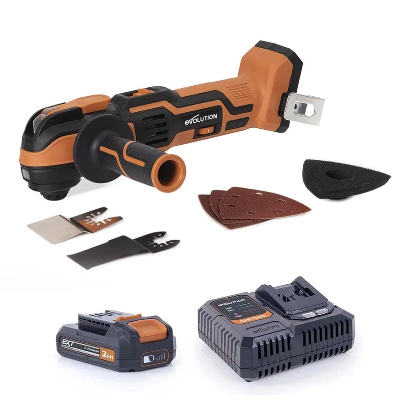 Evolution Power Tools R18MLT-Li Cordless Multi-Tool 18v Li-Ion EXT, Multi-Purpose & Multi-Material for Cutting, Shaping, Scraping & Sanding, Battery & Charger Included