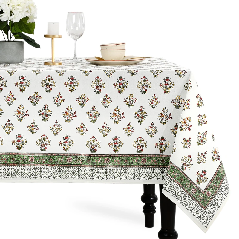 CPC Tablecloth 100% Cotton 72"x140" Indian Block Print Rectangle Table Cover, Table Cloth for Weddings, Dining, Parties Tablecloth- Forest Green