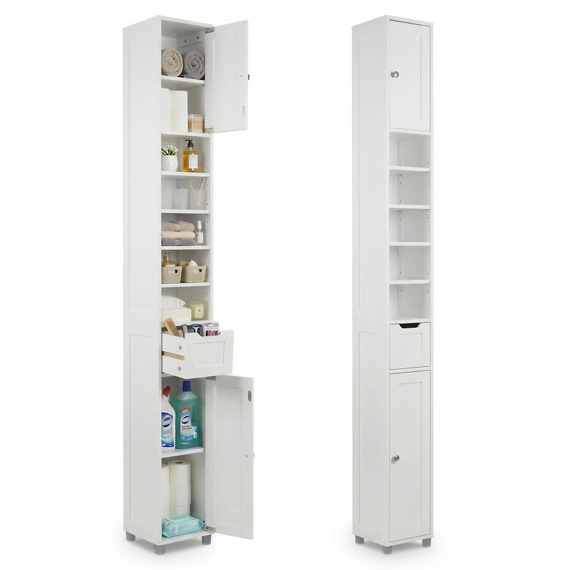 VOUNOT Tall Bathroom Cabinet Freestanding Storage Cabinet with Adjustable Shelf, 1 Drawer and 2 Doors Wooden Cupboard for Bedroom Living Room Kitchen and Hallway, 20x20x180cm White