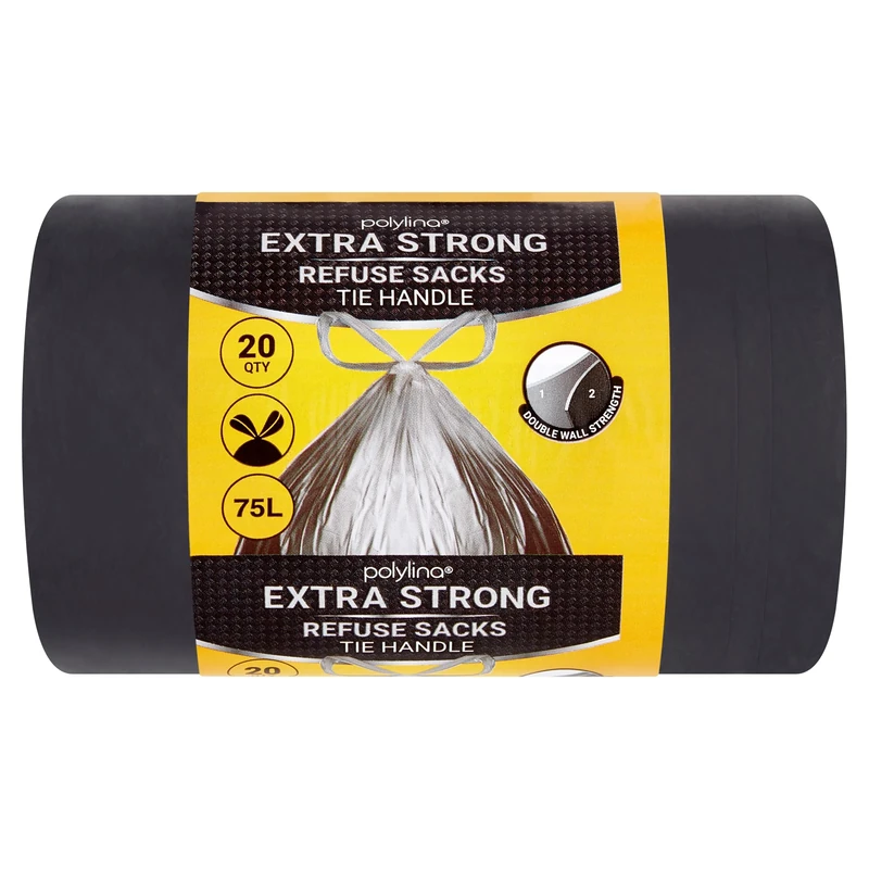 Polylina - Bin Bags Extra Strong, 75 Litre, 20 Premium Heavy Duty Tie Handle Black Bin Liners Refuse Sacks, Everyday Use, Household, Office & Kitchen Waste