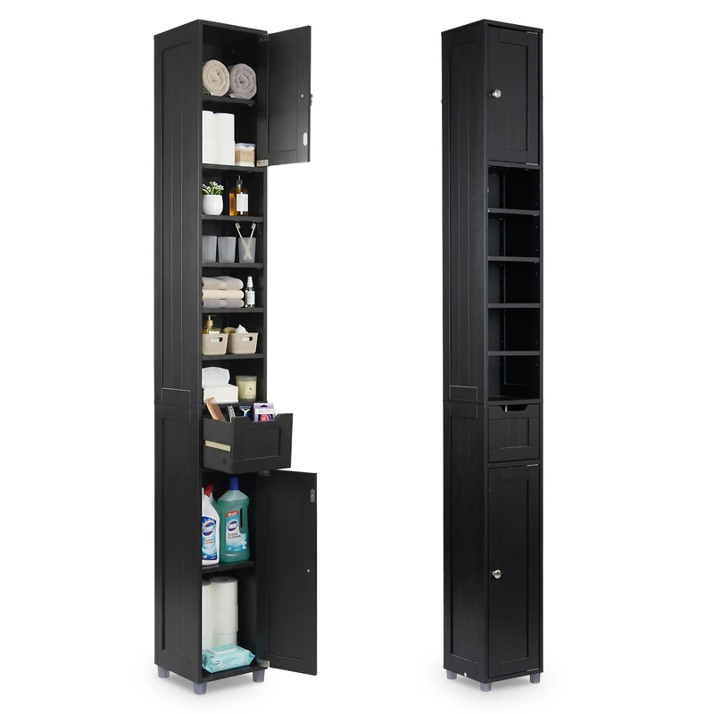 VOUNOT Tall Bathroom Cabinet Freestanding Storage Cabinet with Adjustable Shelf, 1 Drawer and 2 Doors Wooden Cupboard for Bedroom Living Room Kitchen and Hallway, 20x20x180cm Black