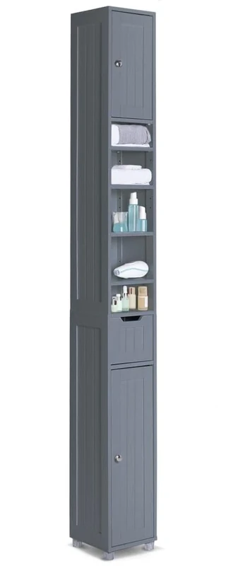 VOUNOT Tall Bathroom Cabinet Freestanding Storage Cabinet with Adjustable Shelf, 1 Drawer and 2 Doors Wooden Cupboard for Bedroom Living Room Kitchen and Hallway, 20x20x180cm Grey