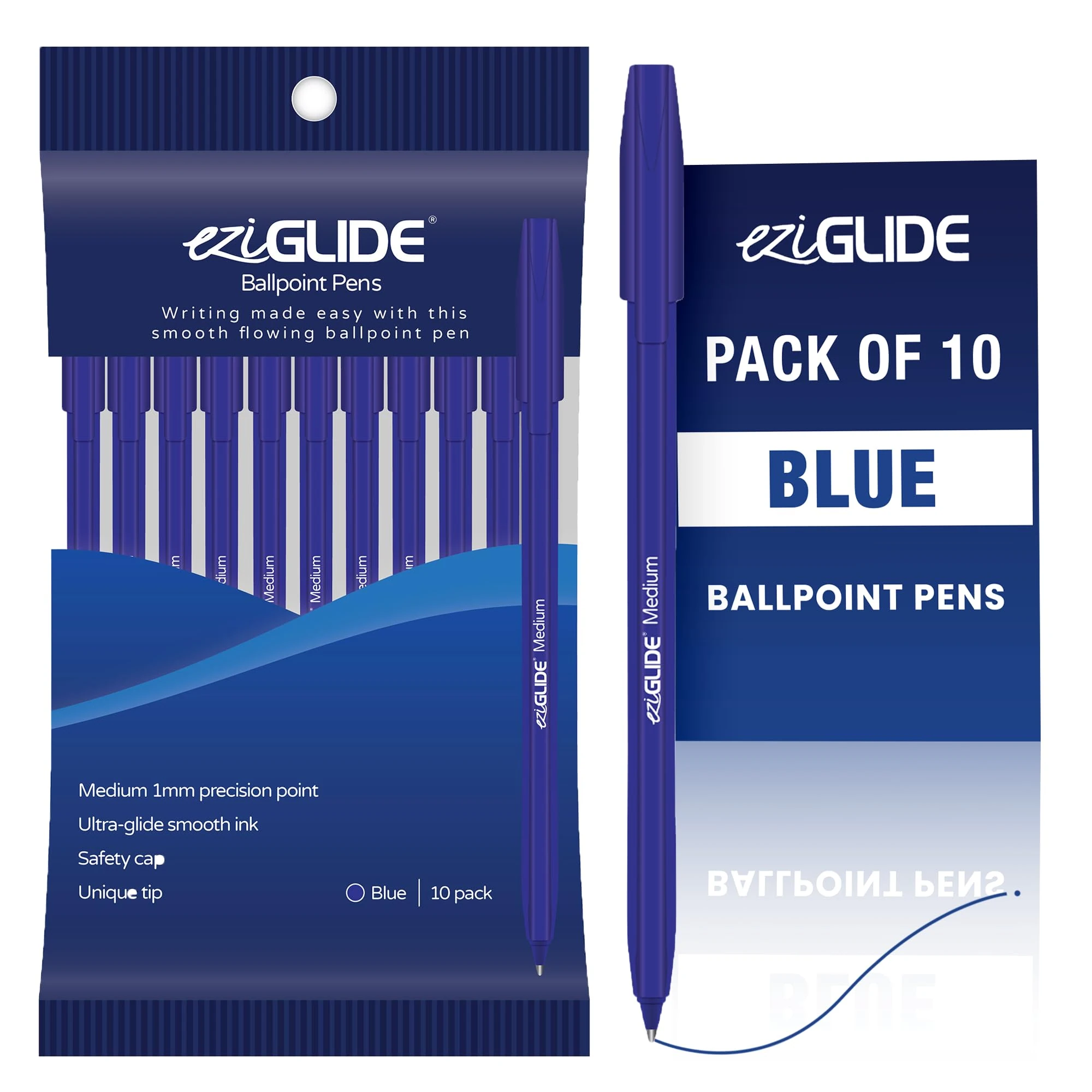 Eziglide 10-Pack Ballpoint Pen Set, Blue – Medium Point (1.0mm) for Effortless Writing & Comfortable Grip – Ideal for Adults, Teachers, Home, Office, Exams, School, & Everyday Use