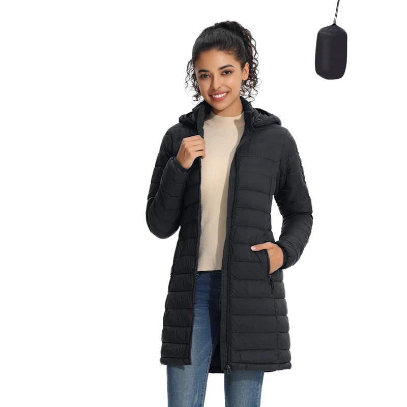 ZMC Packable Women Puffer Coat, Lightweight Water-Resistant Puffer Jacket Detachable Hood Slim-Fit Winter Coat for Women, Black, X-Large